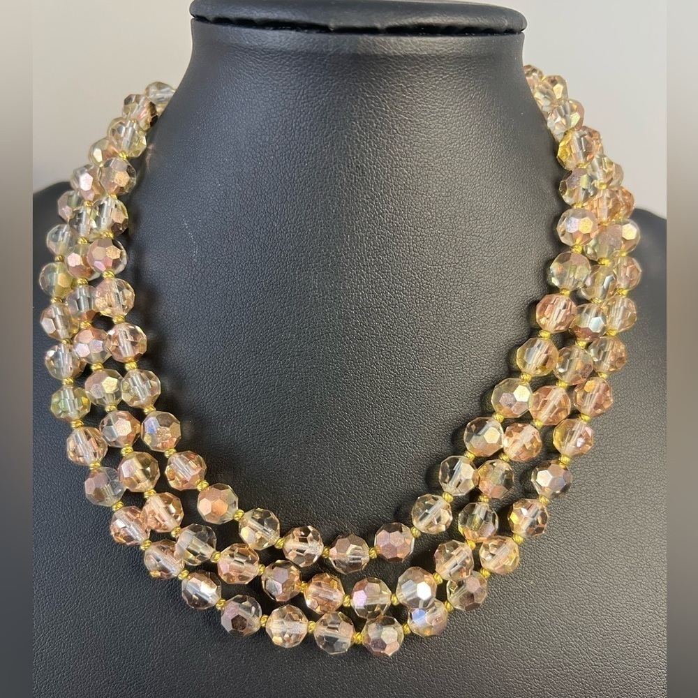 Vintage Triple Strand Gold Aurora Borealis Glass Bead Necklace 16” D12